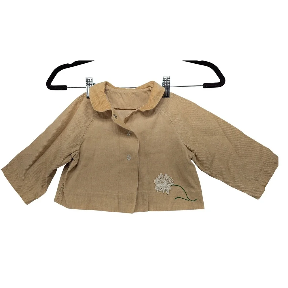Vintage Tan Corduroy Baby Jacket Daisy Applique Snap‎ Front 3 Months Tan Retro